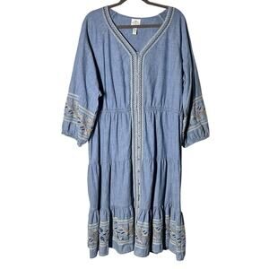 St Johns Bay Chambray Prairie Dress XXL Western Country Boho Embroidered V-Neck